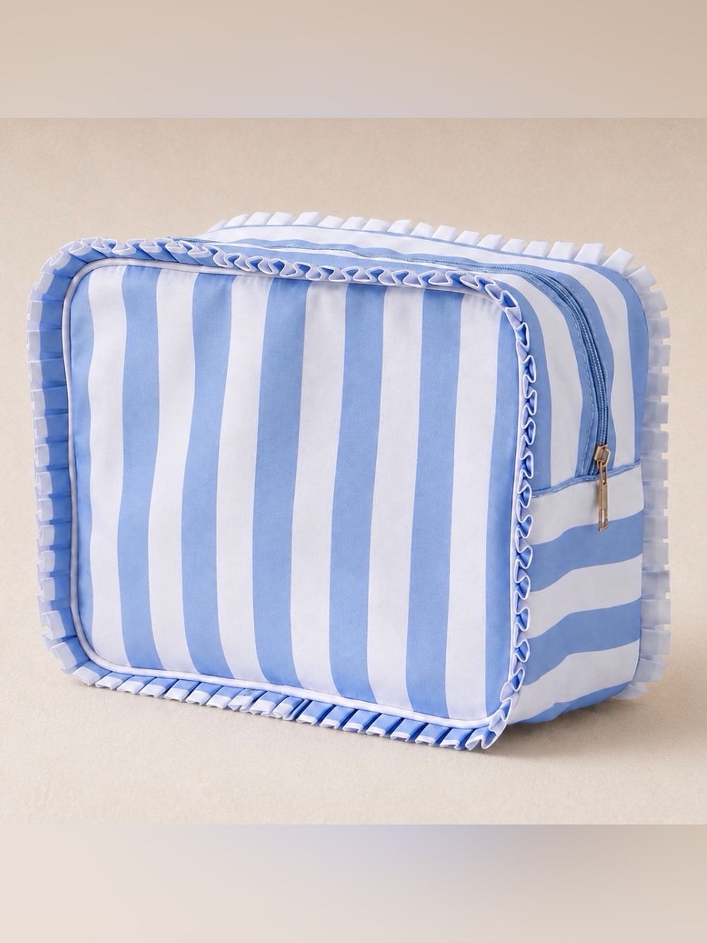 Blue Ruffle Stripe Cosmetic Travel Pouch Bag - Picture 1 of 2
